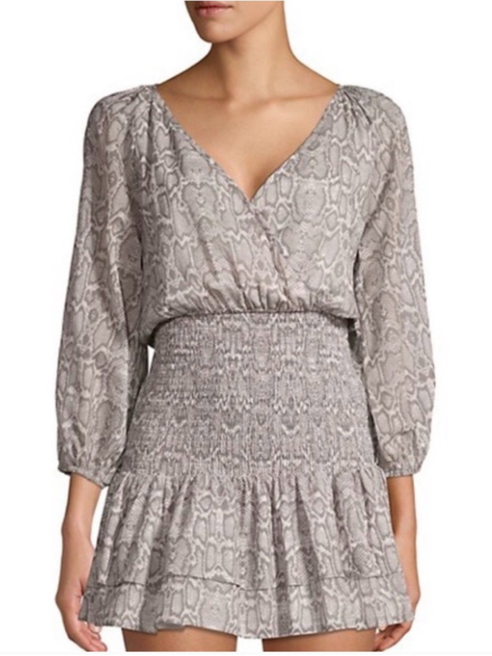 Sumo Sylvia Shirred Gray Snake-Print Smocked Waist Mini Dress